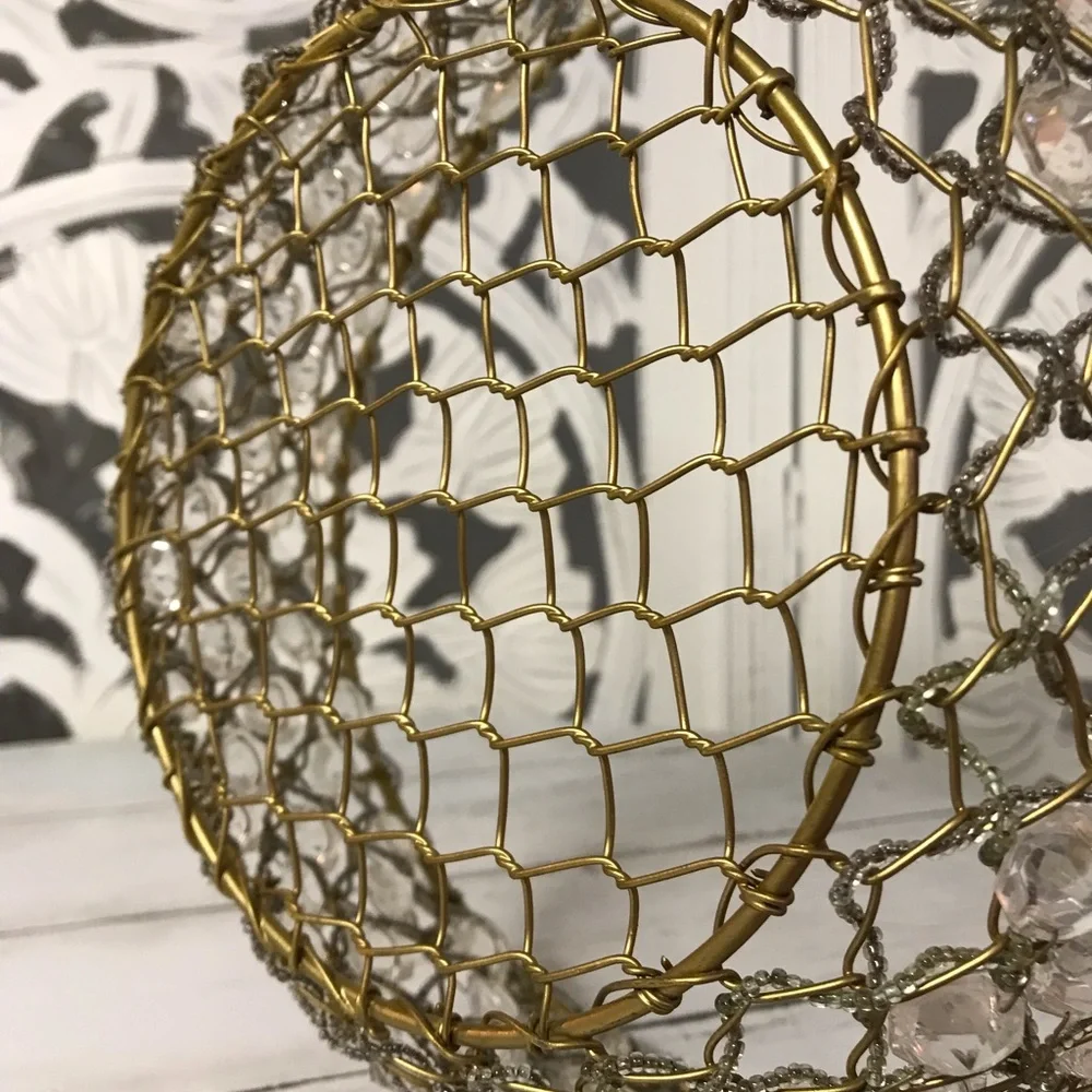 Rustic Vintage Wire Beaded Basket with Crystal Accents, Gold-Tone Tabletop Decor